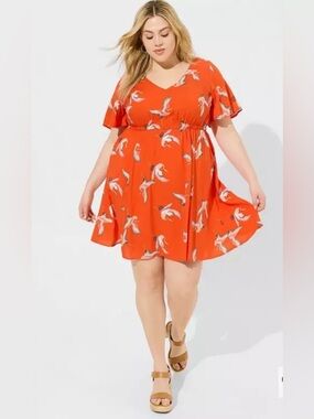 torrid Orange V-Neck Flutter Sleeve Mini Dress with Crane Bird Print NWT Sz 4